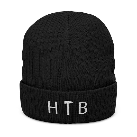 Embroidered HTB Ribbed Knit Beanie — Cozy Black Cuffed Winter Hat
