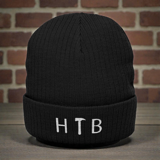 Embroidered HTB Ribbed Knit Beanie — Cozy Black Cuffed Winter Hat